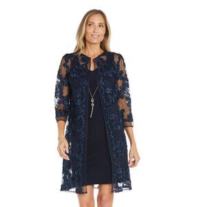 R & M Richards Floral Woven Jacket Dress - Attaches at The Neckline (Navy, 14)